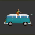 Young Girl Playing Guitar On Colorful Blue And White Vintage Van With Open Door