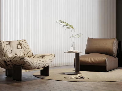 Patterned And Brown Leather Accent Chairs With Small Round Table Vase Plant On Wooden Floor 3d model