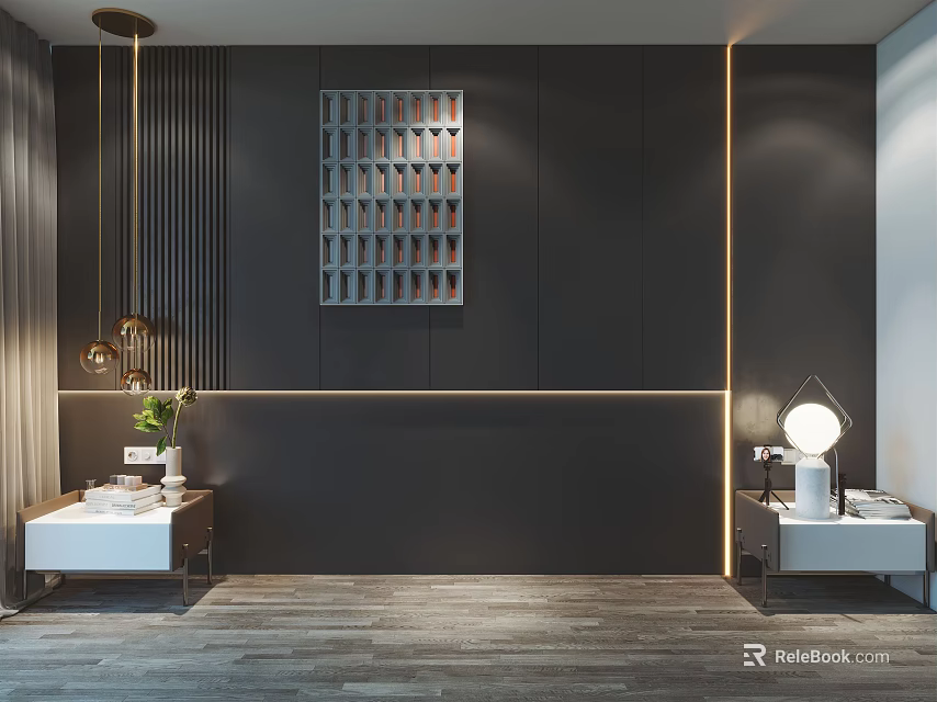 Modern Bedroom Background Wall With Dark Panelled Vertical Strips Artwork LED Lighting And Side Tables 3d model 