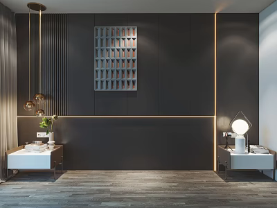 Modern Bedroom Background Wall With Dark Panelled Vertical Strips Artwork LED Lighting And Side Tables 3d model