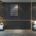 Modern Bedroom Background Wall With Dark Panelled Vertical Strips Artwork LED Lighting And Side Tables