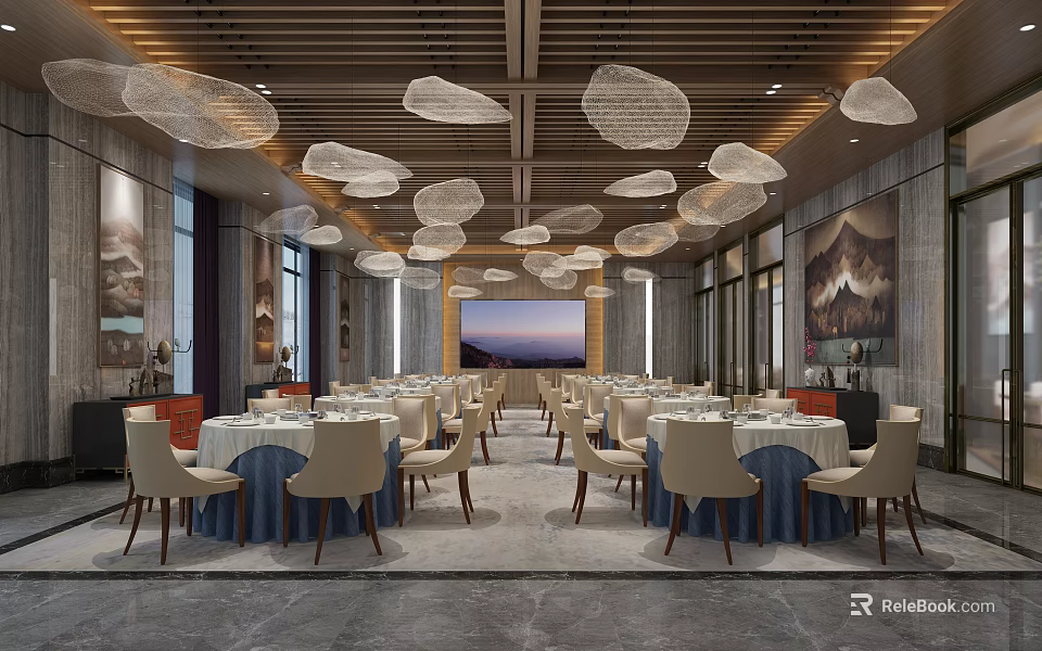 Elegant Modern Banquet Hall Interior Design With Round Tables Beige Chairs And Cloud Shaped Chandeliers 3d model 