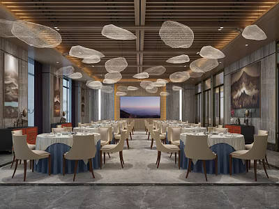 Elegant Modern Banquet Hall Interior Design With Round Tables Beige Chairs And Cloud Shaped Chandeliers 3d model