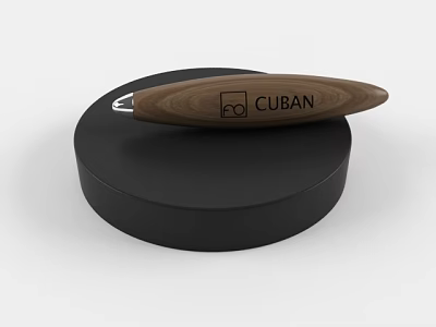 Wooden CUBAN Pen with Logo Design Placed on Black Circular Base Platform 3d model