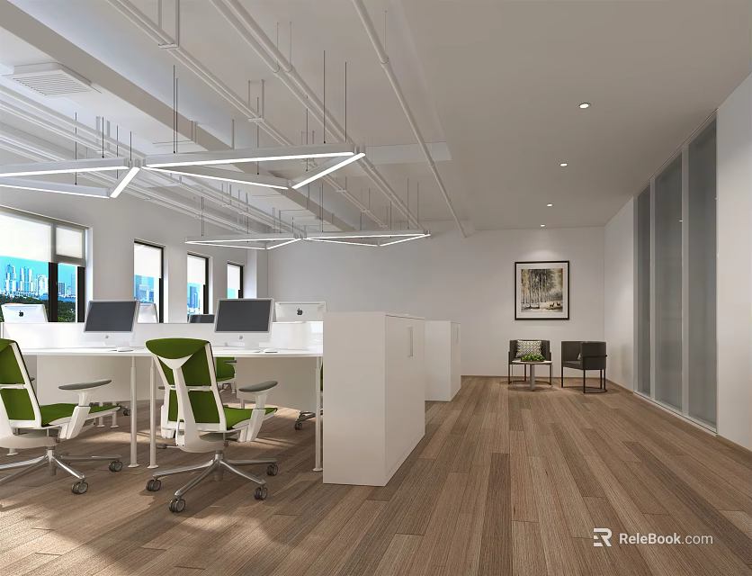 Open Public Office Space With White Desks Green Chairs Wooden Flooring And Modern Pendant Lights 3d model 