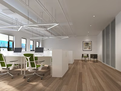 Open Public Office Space With White Desks Green Chairs Wooden Flooring And Modern Pendant Lights 3d model