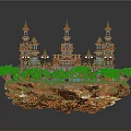 Cartoon Style Floating Island Castle with Spiral Towers Green Trees and Grass