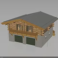 Chalet Style House With Grey Roof Wooden Eaves Balcony Concrete Walls And Green Garage Doors