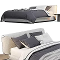 Double Bed with Light Headboard Dark Quilt Gray Blanket Pillows and Small Round Side Table 3d model