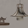 Traditional Chinese Pendant Light With Wooden Frame Beige Lampshade And Decorative Pavilion Model