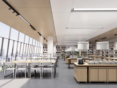 Modern Book Art Library Interior With Wooden Elements Natural Light And Reading Tables 3d model