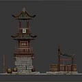 Cartoon Scene Featuring Traditional Chinese Teahouse Architecture Wooden Boxes and Jars