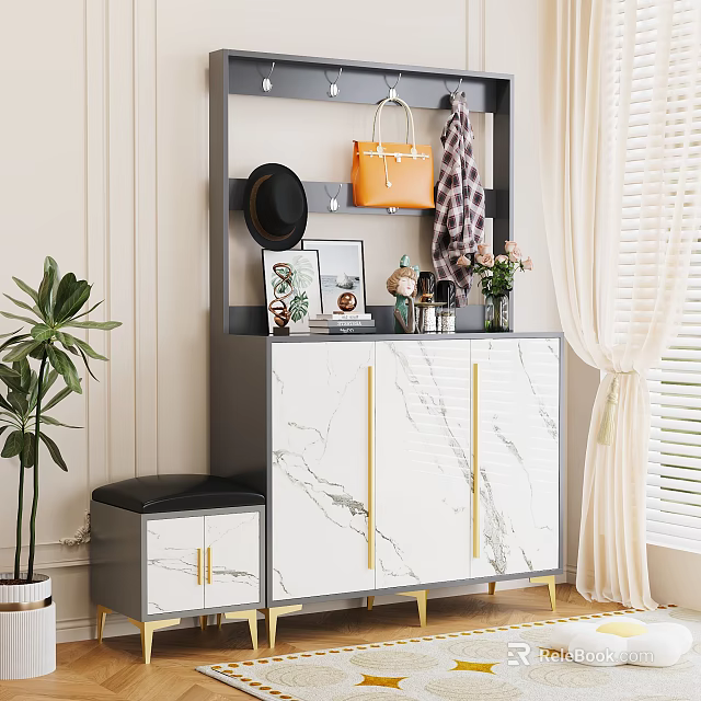 Modern Style Shoe Cabinet With Marble Texture Golden Lines Top Shelf Decorations And Shoe Bench 3d model 