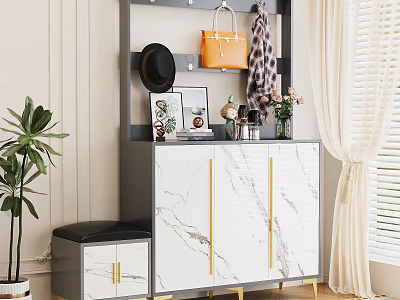 Modern Style Shoe Cabinet With Marble Texture Golden Lines Top Shelf Decorations And Shoe Bench 3d model