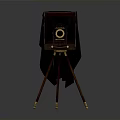 Vintage Electronic Camera On Wooden Tripod Featuring Black Cloth And Brass Parts Design