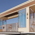 Modern Entrance Gate with Glass Doors Metal Railing Decorative Patterns Wooden Grille Canopy and Steps