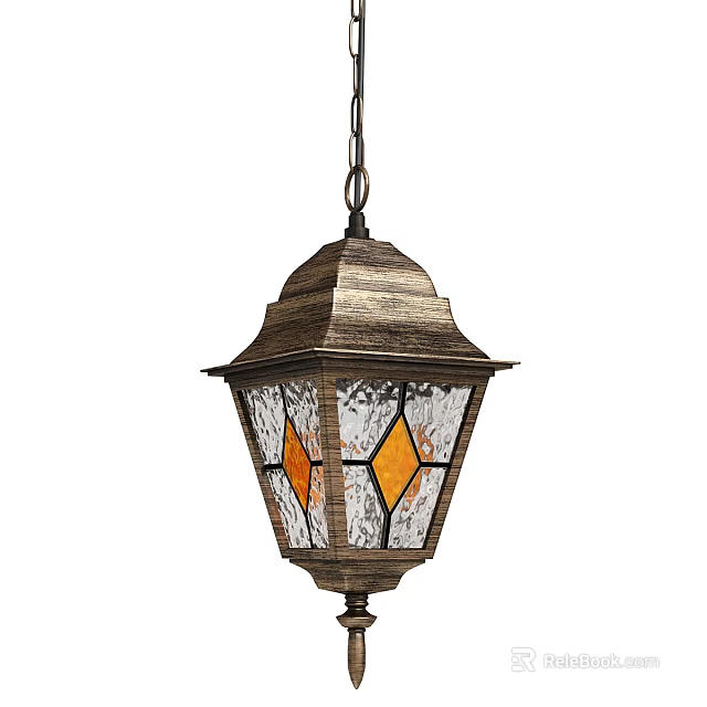 Vintage Style Outdoor Pendant Light With Wooden Finish And Stained Glass Diamond Panels 3d model 