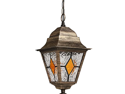 Vintage Style Outdoor Pendant Light With Wooden Finish And Stained Glass Diamond Panels 3d model