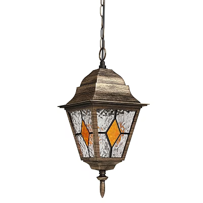 Vintage Style Outdoor Pendant Light With Wooden Finish And Stained Glass Diamond Panels 3d model