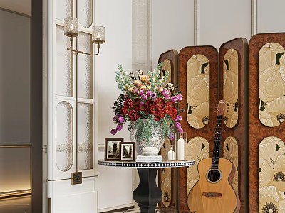 Decorative Ornament Set With Flower Bouquet Vase Photo Frames And Candles On Small Round Table 3d model
