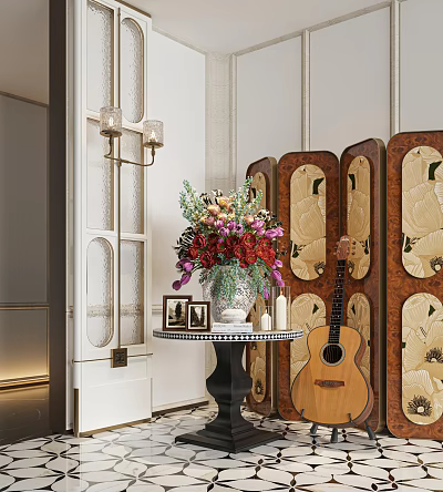 Decorative Ornament Set With Flower Bouquet Vase Photo Frames And Candles On Small Round Table 3d model