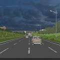 Nighttime Road Facilities With Street Lights Lane Markings Green Belts And Trees