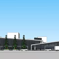 Modern Geometric Building With Glass Curtain Walls And People Gathering Outside