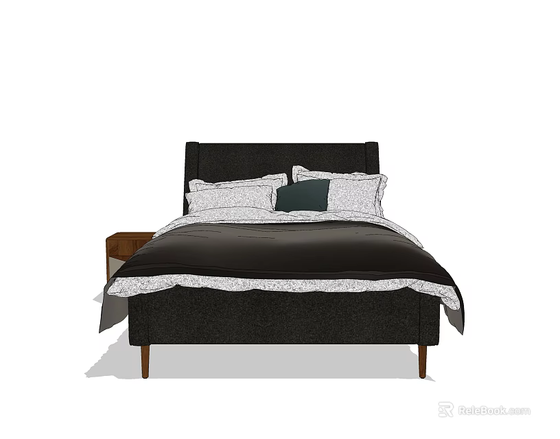 Modern Double Bed With Dark Headboard White Linens Decorative Pillow And Side Nightstand 3d model 