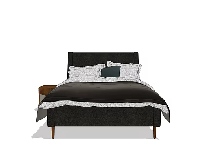 Modern Double Bed With Dark Headboard White Linens Decorative Pillow And Side Nightstand 3d model