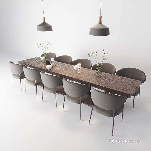 Modern Long Dining Table Set With Gray Chairs Flower Vases And Pendant Lights 3d model 