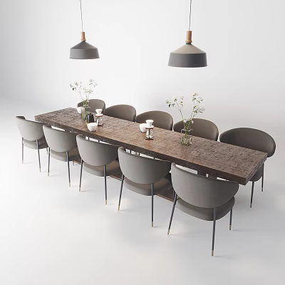 Modern Long Dining Table Set With Gray Chairs Flower Vases And Pendant Lights 3d model