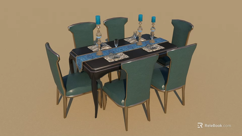 Stylish Black Dining Table Set With Green Upholstered Chairs Blue Table Runner Candles And Tableware 3d model