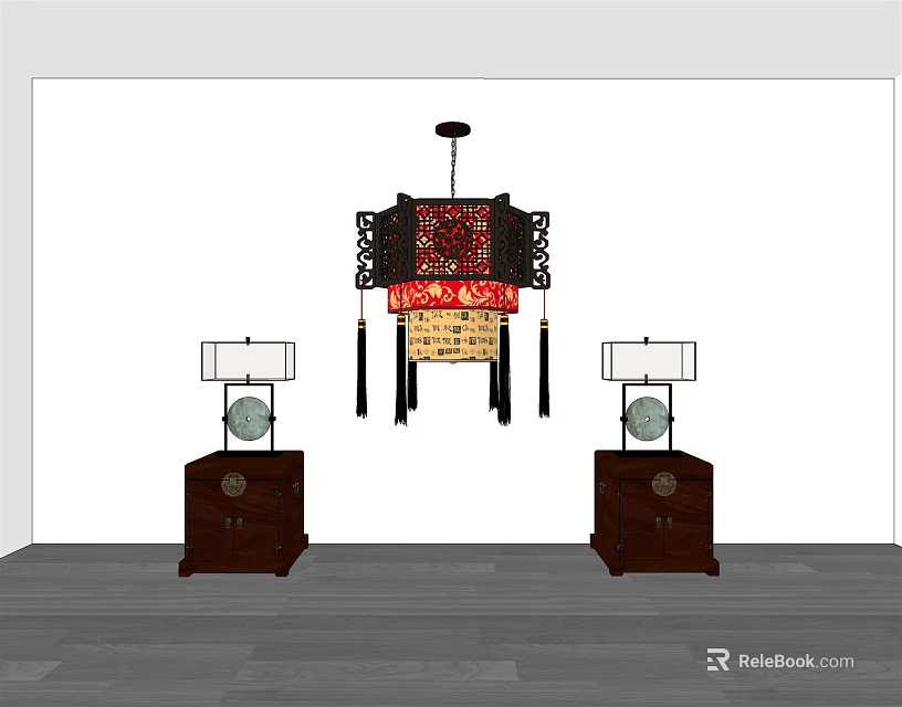 Chinese Traditional Lighting Combination With Chandelier And Table Lamps On Wooden Cabinets 3d model 