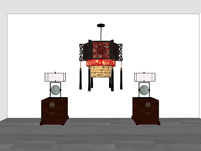 Chinese Traditional Lighting Combination With Chandelier And Table Lamps On Wooden Cabinets 3d model