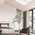 White Sloped Ceiling Bedroom Interior With Skylight Grey Bed Green Plant And Geometric Rug
