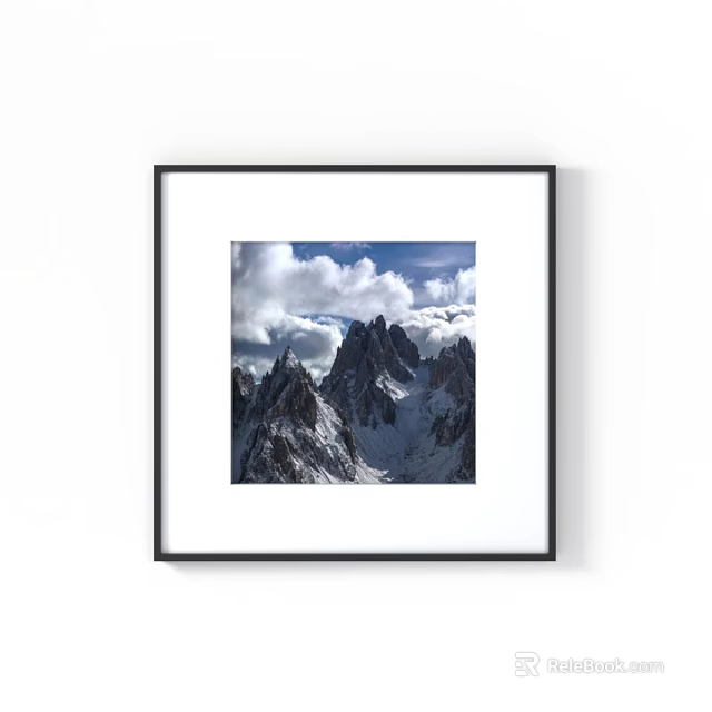 Scenic Landscape Painting With Black Frame Snowy Mountains And Cloudy Sky 3d model 