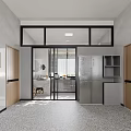 Modern Kitchen Interior With White Walls Gray Cabinets Window Blinds And Terrazzo Floor