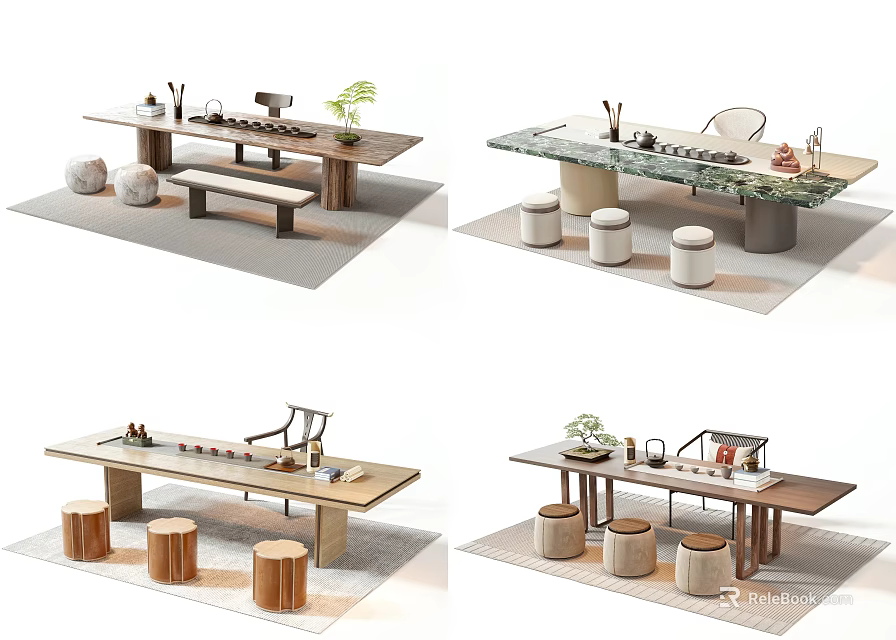 Modern Table and Chair Set With Round Stools Bench Tea Sets And Plants 3d model
