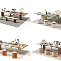 Modern Table and Chair Set With Round Stools Bench Tea Sets And Plants 3d model