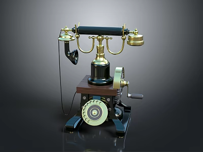 Vintage Antique Telephone With Rotary Dial Brass Components And Wooden Base 3d model