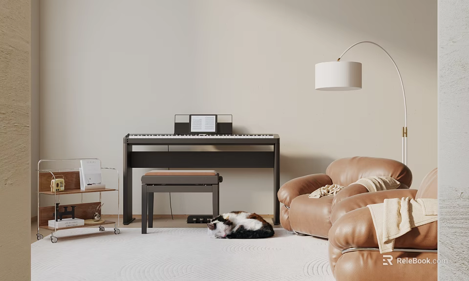 Art Supplies and Musical Instruments in Cozy Room with Piano and Organized Drawing Tools Setup 3d model 
