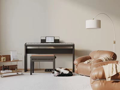 Art Supplies and Musical Instruments in Cozy Room with Piano and Organized Drawing Tools Setup 3d model