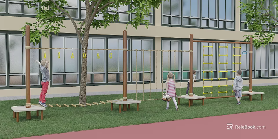 Kindergarten Outdoor Play Area with Climbing Ropes Yellow Ladders and Children Playing on Grass 3d model 