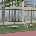 Kindergarten Outdoor Play Area with Climbing Ropes Yellow Ladders and Children Playing on Grass
