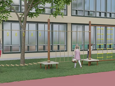 Kindergarten Outdoor Play Area with Climbing Ropes Yellow Ladders and Children Playing on Grass 3d model