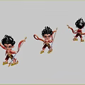 Cartoon Game Movie Character With Black Hair Red Gold Outfit Holding Spear And Floating Ribbons