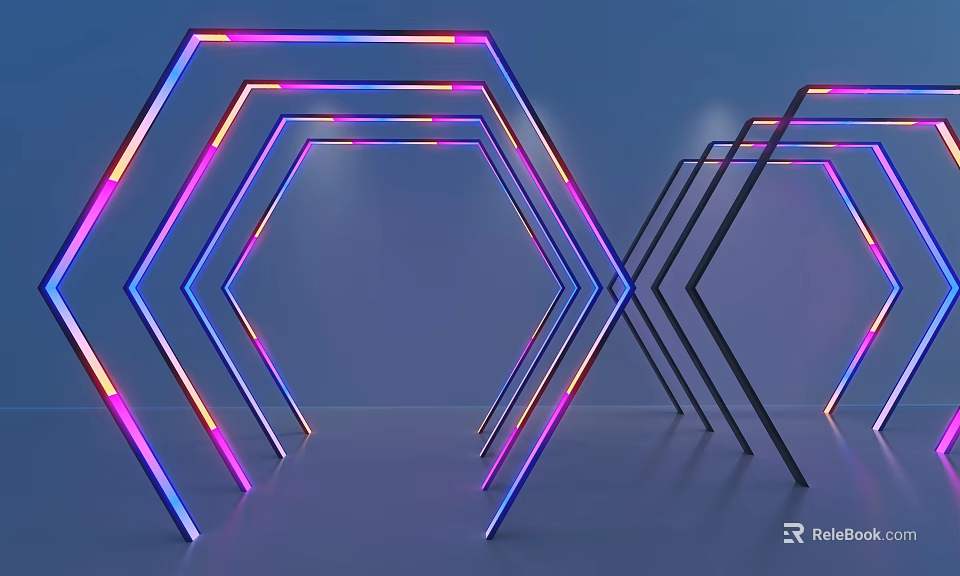 Hexagonal Decorative Lights with Blue Purple Pink Illumination in Tunnel Like Structure on Blue Background 3d model 