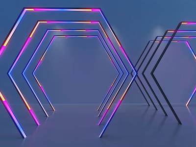 Hexagonal Decorative Lights with Blue Purple Pink Illumination in Tunnel Like Structure on Blue Background 3d model