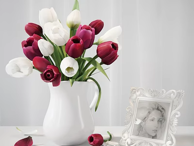Fresh Red And White Tulips In White Vase With Ornate Photo Frame And Scattered Petals 3d model