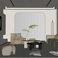 Modern Living Room Interior With Beige Sofa TV Arched Window Coffee Table And Floor Lamp